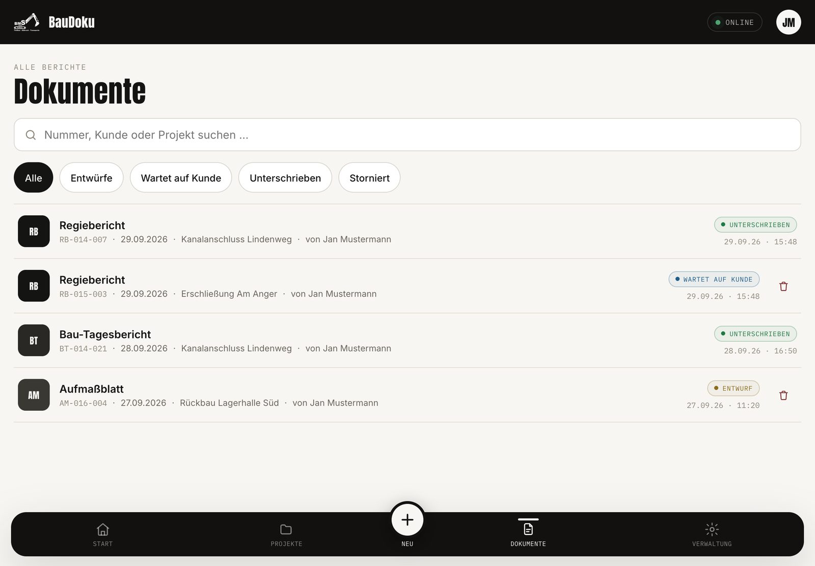 Dokumentenliste in BauDoku am Tablet mit Regieberichten, Bau-Tagesbericht und Aufmaßblatt, jeweils mit Status