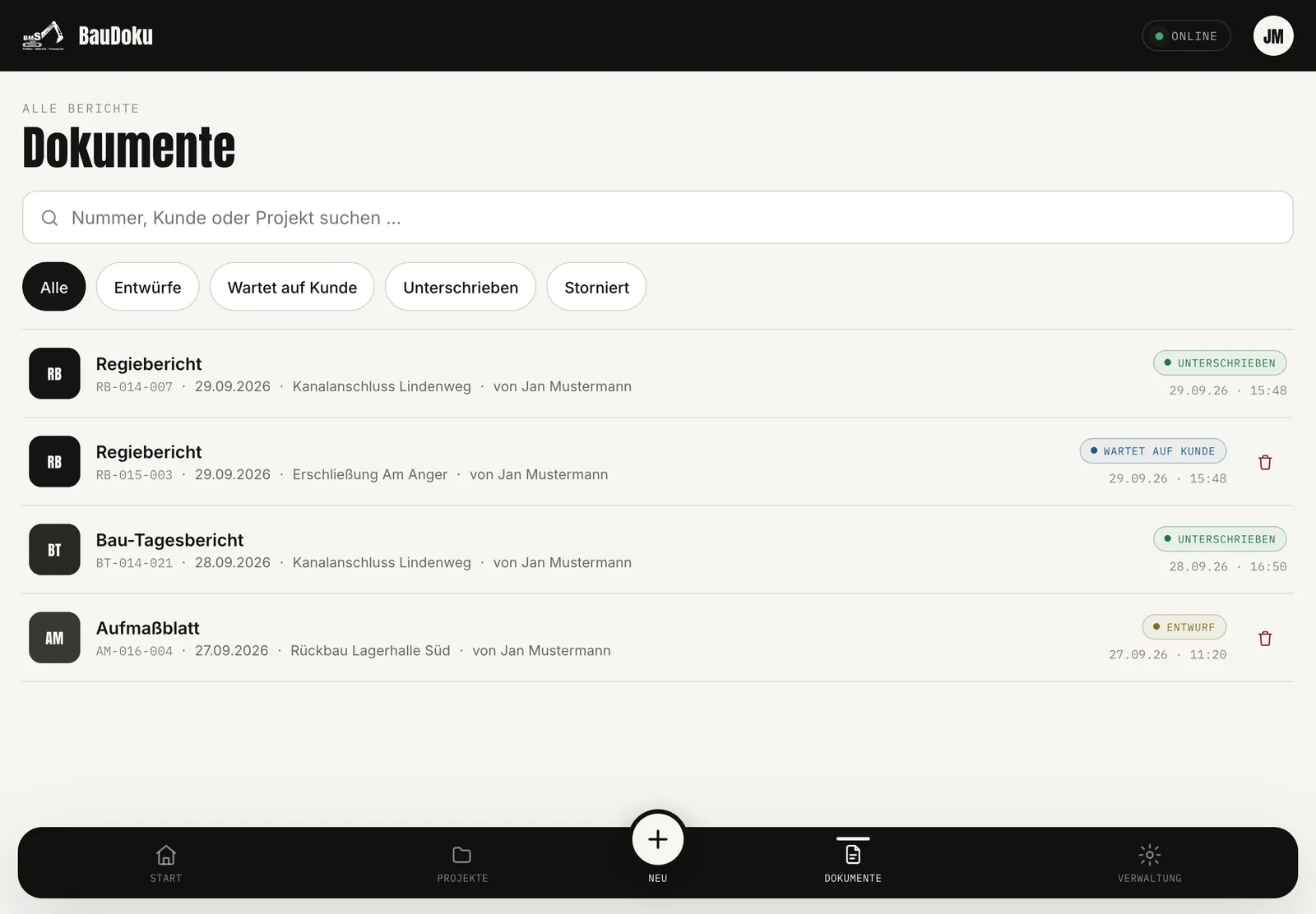 BauDoku auf dem Tablet: Liste der Baustellendokumente, mit Beispieldaten