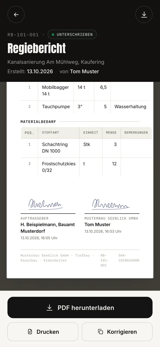 Bauzone am Handy: unterschriebener Regiebericht mit Knopf PDF herunterladen