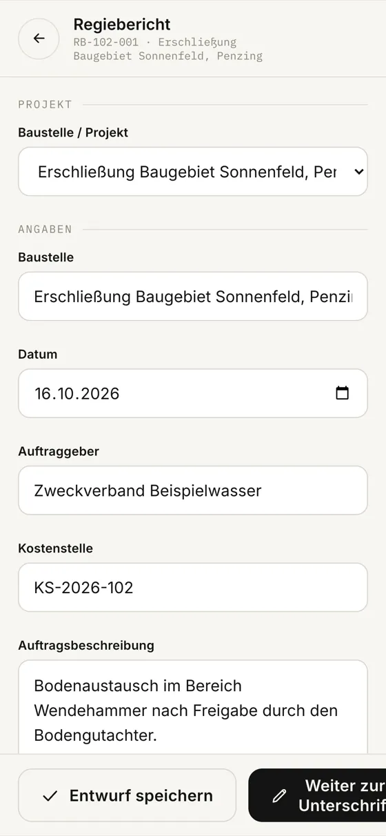 Bauzone am Handy: Regiebericht eintragen