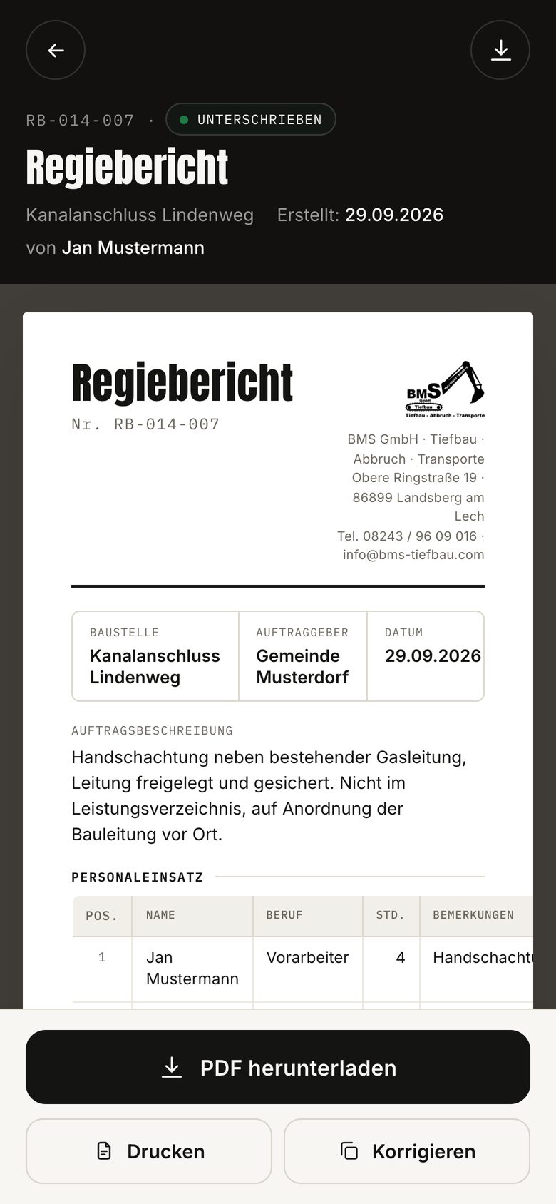 BauDoku am Handy: unterschriebener Regiebericht als PDF-Ansicht mit Baustelle, Auftraggeber, Datum und Personaleinsatz