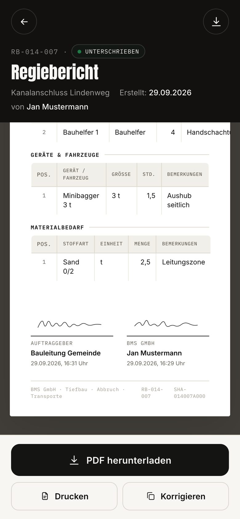 Unterer Teil eines Regieberichts in BauDoku mit Geräten, Material und zwei Unterschriften