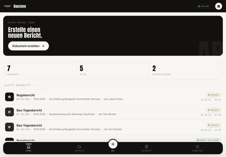 Bauzone am Tablet: Startansicht mit offenen und unterschriebenen Berichten, Beispieldaten aus der Demo