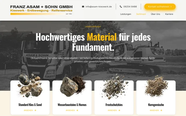 Seite Sortiment auf der Website von Franz Asam & Sohn mit Kies, Sand und Schotter