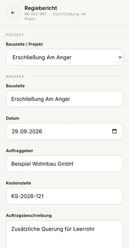 BauDoku am Handy: Regiebericht eintragen mit Baustelle, Datum und Auftraggeber