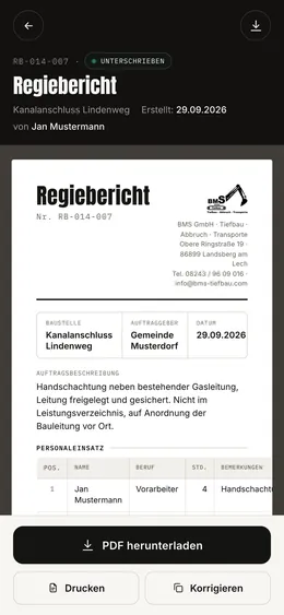 Regiebericht als PDF am Handy mit Kopf, Auftragsbeschreibung und Personal