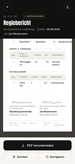 Fertiger Regiebericht als PDF mit Geräten, Material und zwei Unterschriften