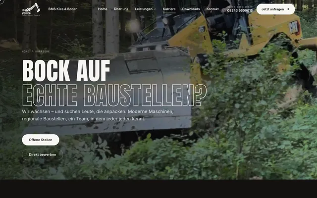 Karriereseite von BMS Tiefbau mit der Überschrift Bock auf echte Baustellen