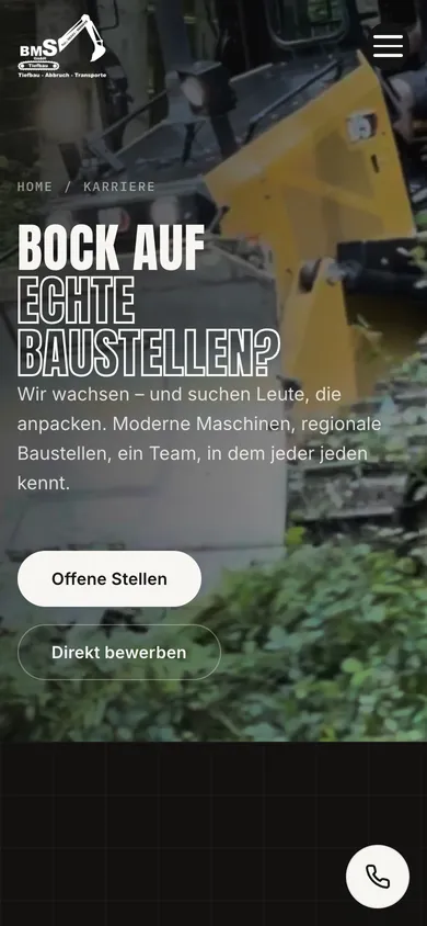 Karriereseite von BMS Tiefbau auf dem Handy: Überschrift Bock auf echte Baustellen, Knöpfe Offene Stellen und Direkt bewerben