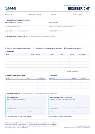 Vorschau der Regiebericht-Vorlage: eine Seite A4 mit Feldern für Bauvorhaben, Personal, Geräte, Material und zwei Unterschriften